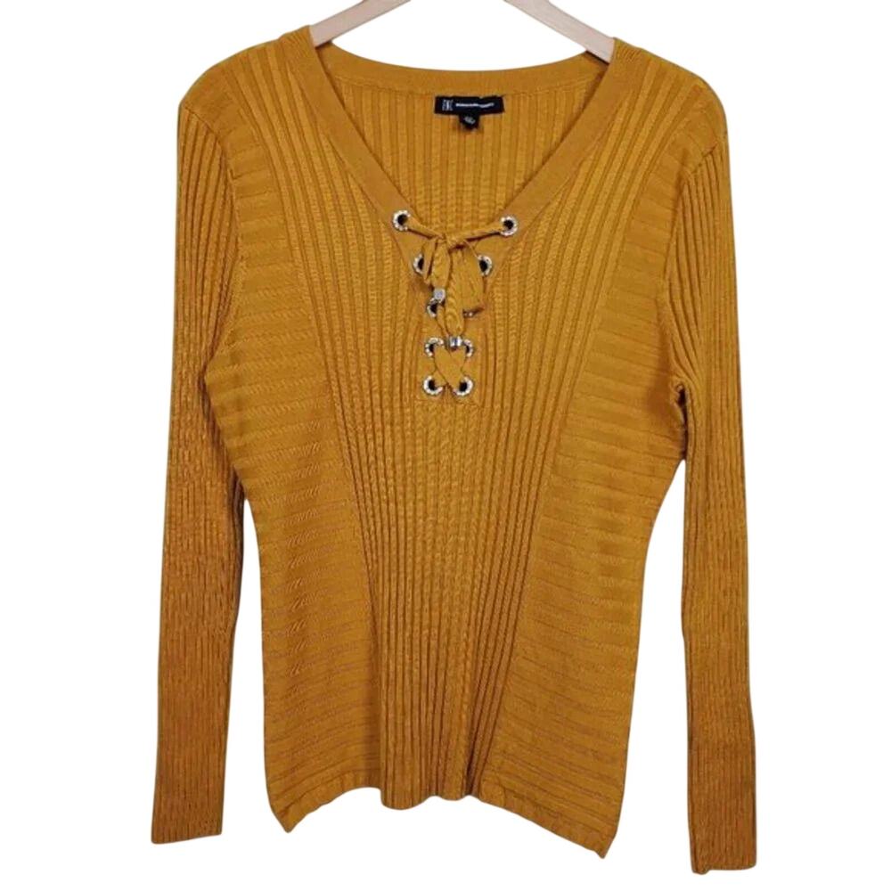 INC International Concepts Lace Up Ribbed Knit Top Yellow Petite XL Long Sleeve